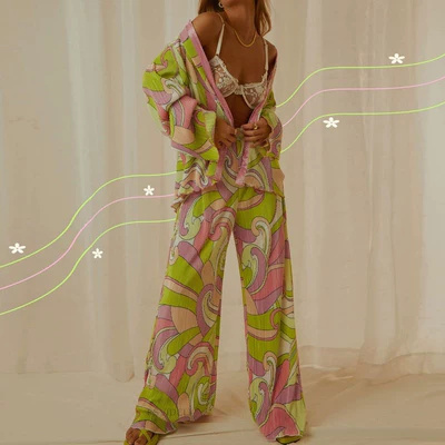 New Arrival 2023 Women Shirt Pleated Top and Trouser Suit Floral Digital Print Long Pants Shirt Women Two Pieces Set