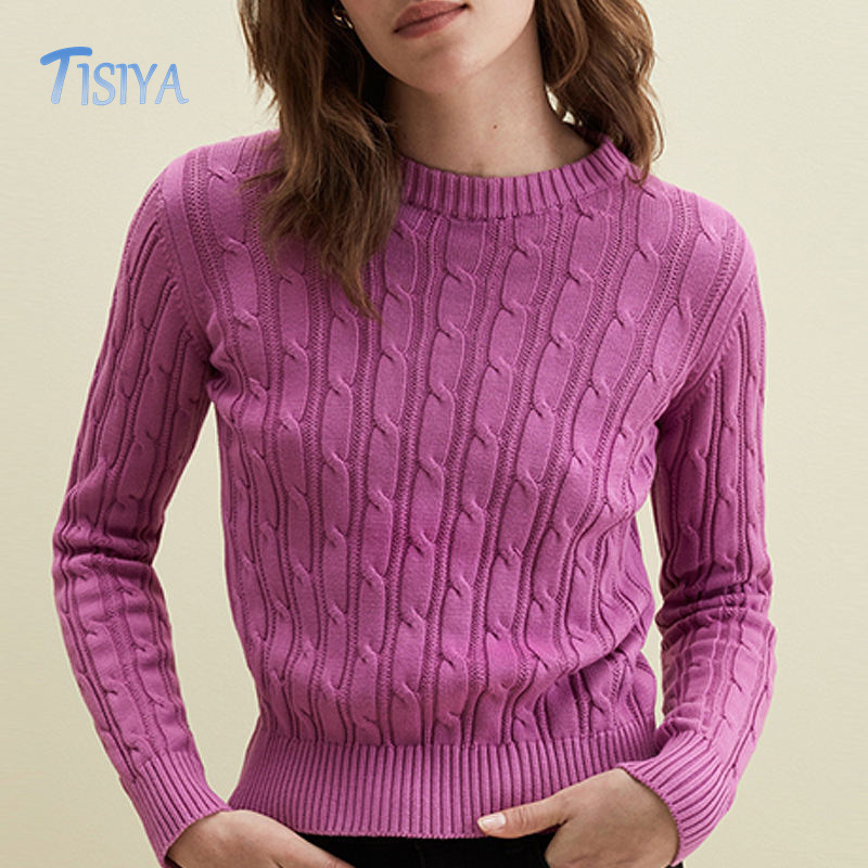 Women Slim Knit Sweater 100% Cotton Ribbed Cuffs Hem Round Neck Cable Knit Cotton Pullover Sweater