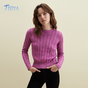 Women Slim Knit Sweater 100% Cotton Ribbed Cuffs Hem Round Neck Cable Knit Cotton Pullover Sweater