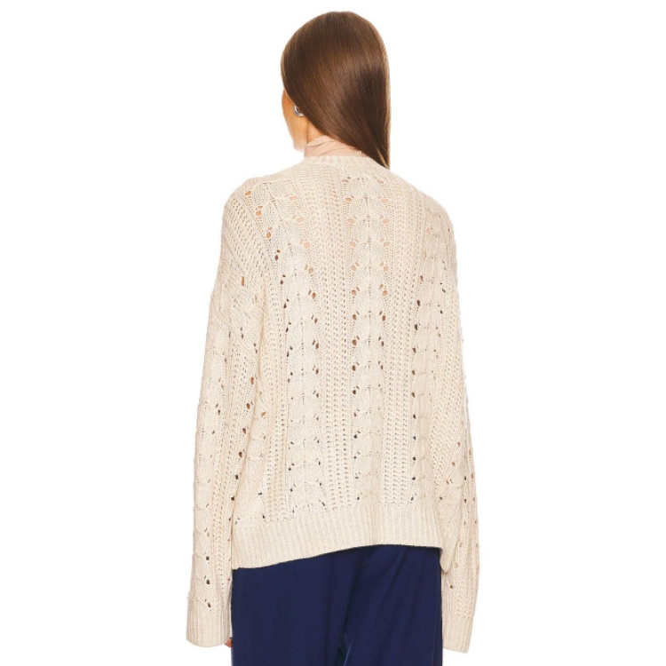 Cable Knit Sweater OEM Custom Women Knitwear Long Sleeves Crochet Holes Pointelle Cable Pullover