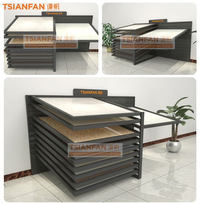 Horizontal side sliding floors reclining showroom granites displaying ideas ceramic tiles quartz sample display rack