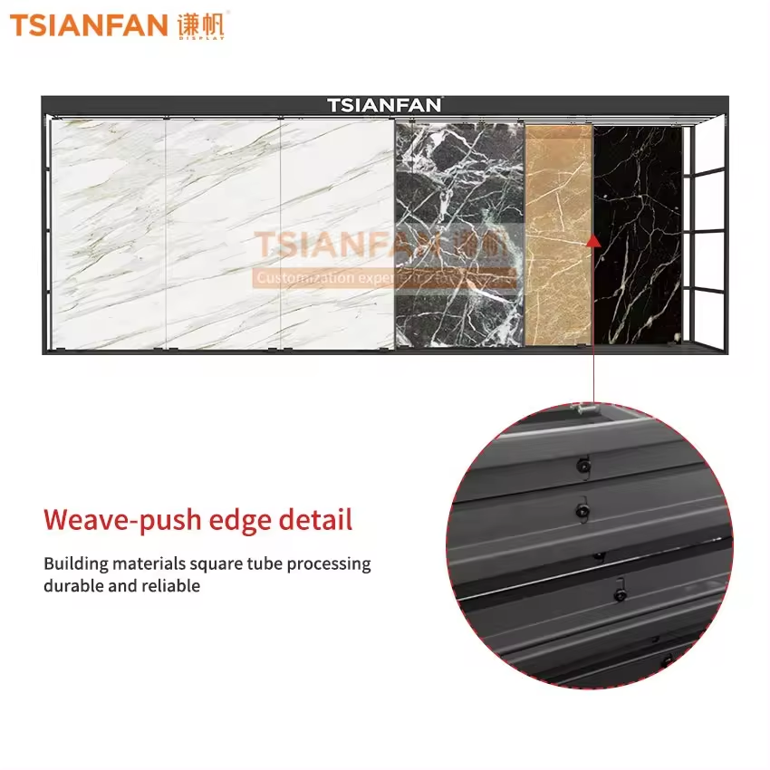 2024 Customized quartz slabs roll out tile showroom display sliding rack shop floor display wheels quartz display rack