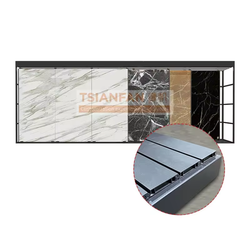 2024 Customized quartz slabs roll out tile showroom display sliding rack shop floor display wheels quartz display rack