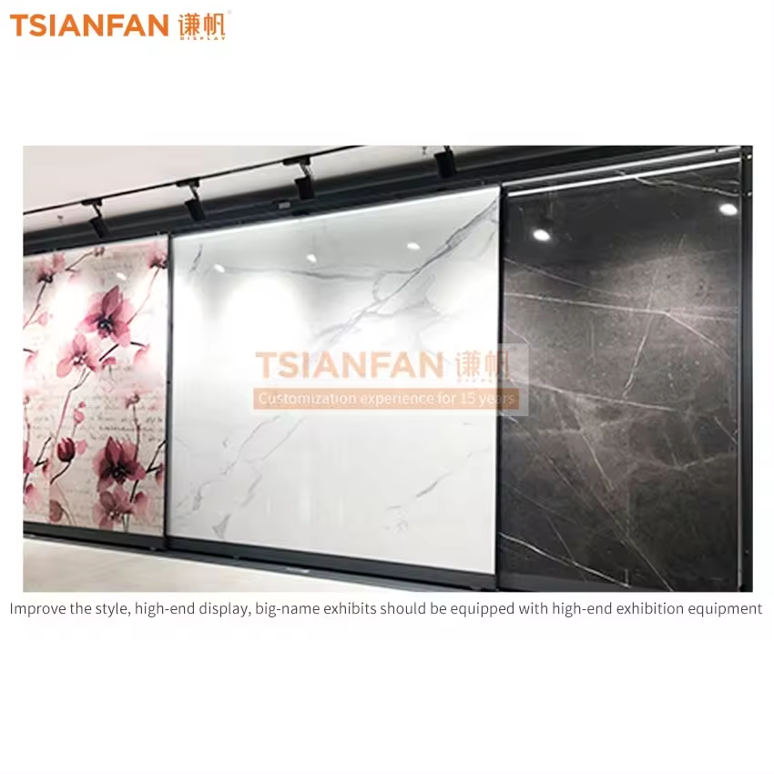 2024 Customized quartz slabs roll out tile showroom display sliding rack shop floor display wheels quartz display rack