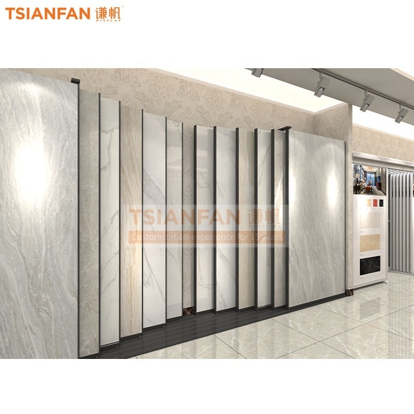 Showroom Large Sintered Stone Sample Pull Push Granite Marble Wall Display Stand Horizontal Sliding Tile Metal Floor Stand Rack