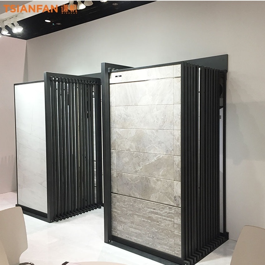 Showroom Large Sintered Stone Sample Pull Push Granite Marble Wall Display Stand Horizontal Sliding Tile Metal Floor Stand Rack