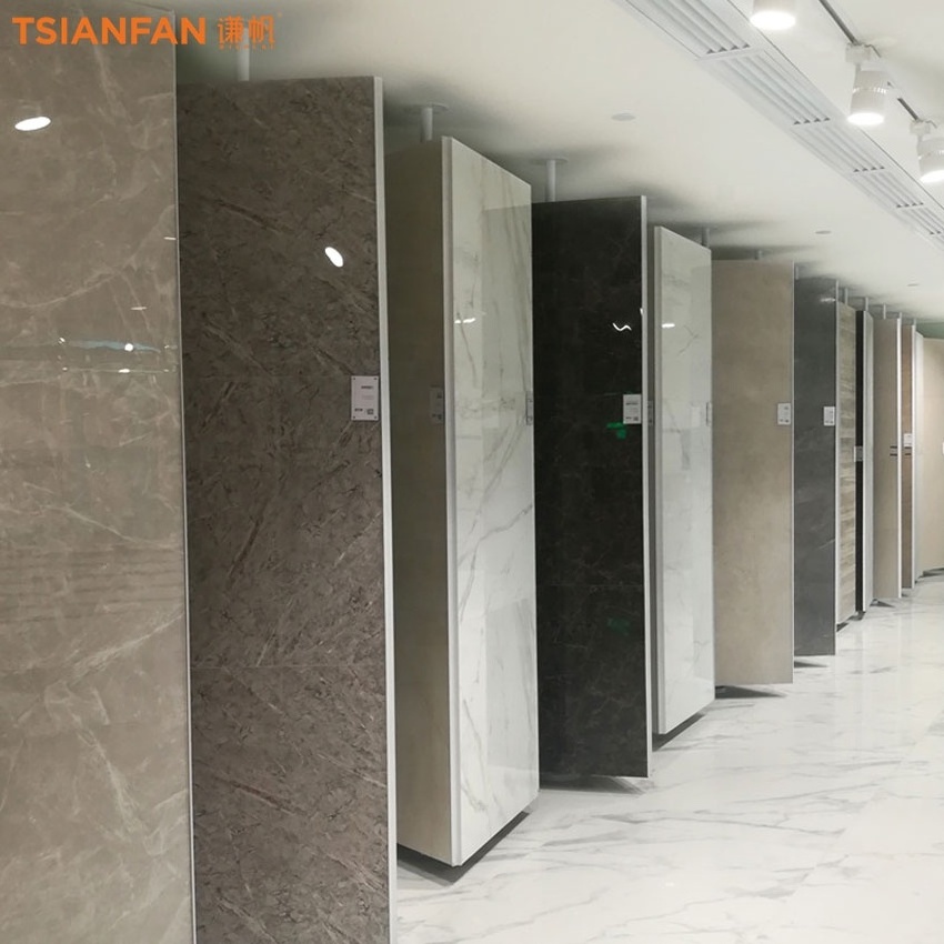 Tsianfan Exhibition For Custom Three Sided Ceramic Quartz Rack Marble Tiles Triangular Case Showing Rotating Stone Display Stand