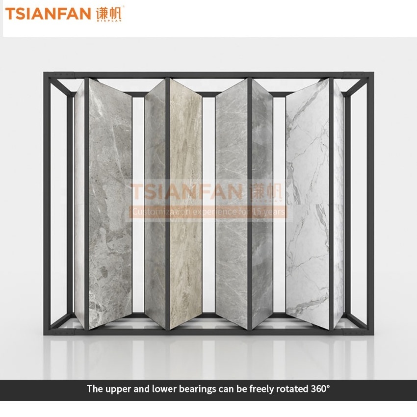 Tsianfan Exhibition For Custom Three Sided Ceramic Quartz Rack Marble Tiles Triangular Case Showing Rotating Stone Display Stand