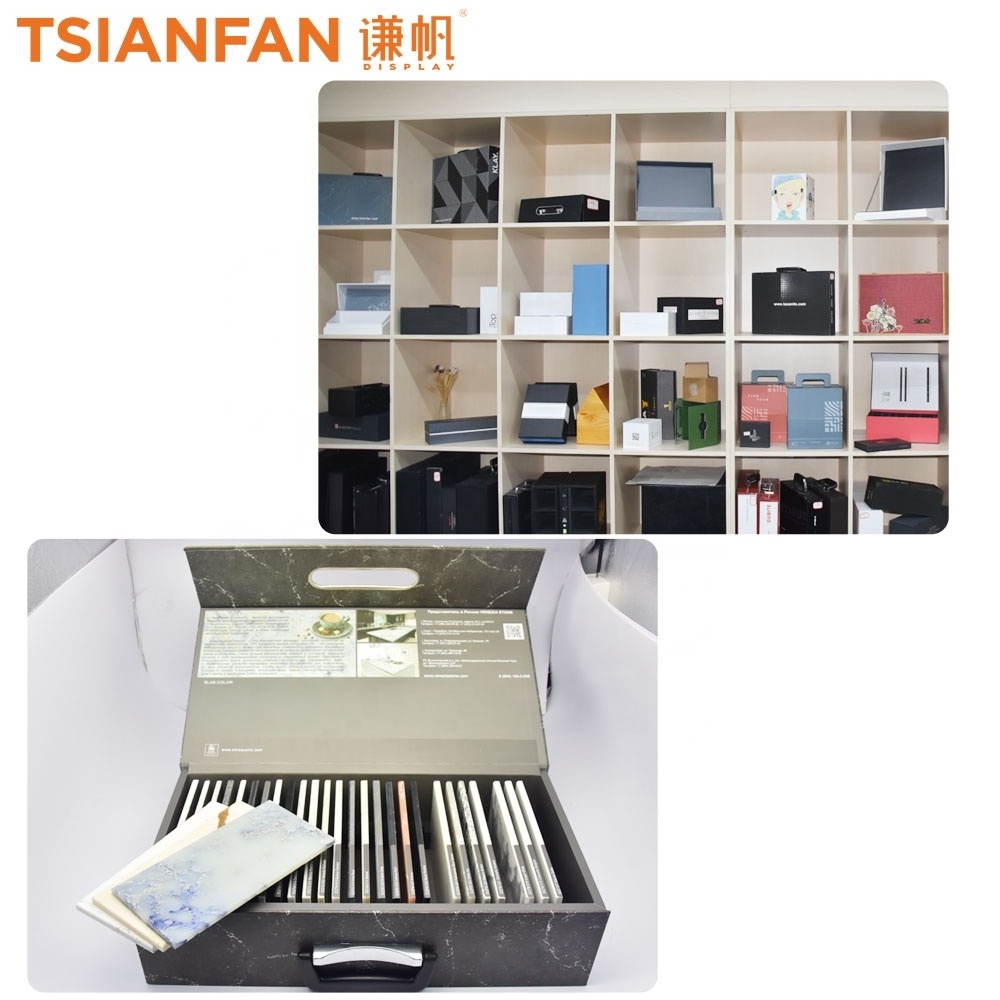 New design granite slab desktop tower holder quartz sample box groove ceramictile display board wooden floor stone sample case