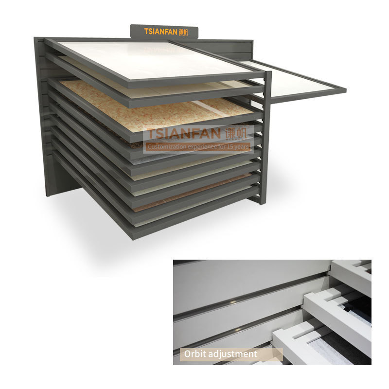 Horizontal side sliding floors reclining showroom granites displaying ideas ceramic tiles quartz sample display rack