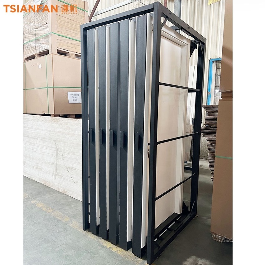 Factory Slide Shape Door Racks Stands Handle Tile Showroom Metal Wooden Doors Displays Rack Frame Wood Door Display Stand