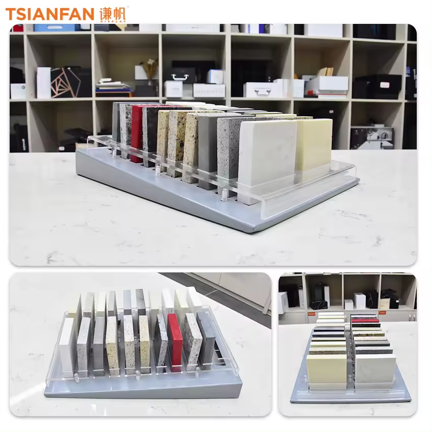 Wholesale custom quartz stone desk stand artificial stone and quartz display rack retail display table tile display rack