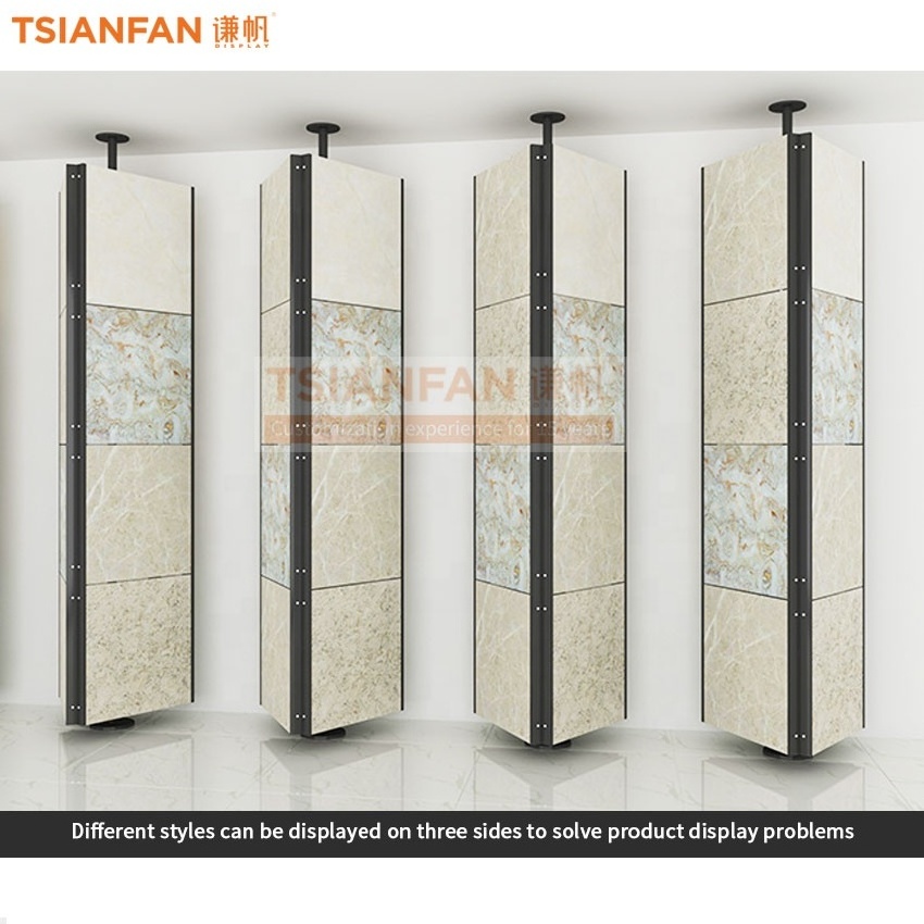 Tsianfan Exhibition For Custom Three Sided Ceramic Quartz Rack Marble Tiles Triangular Case Showing Rotating Stone Display Stand