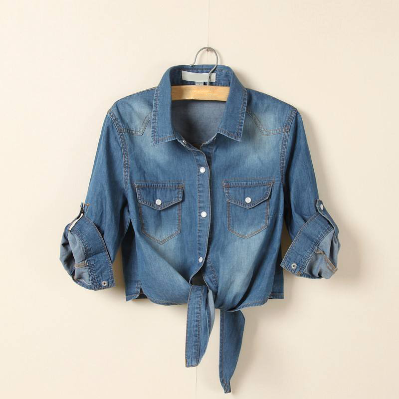 Women Shawl Denim Blouse Spring Summer Slim Lacing Jeans Jackets Casual Female Vintage Thin Denim Coat