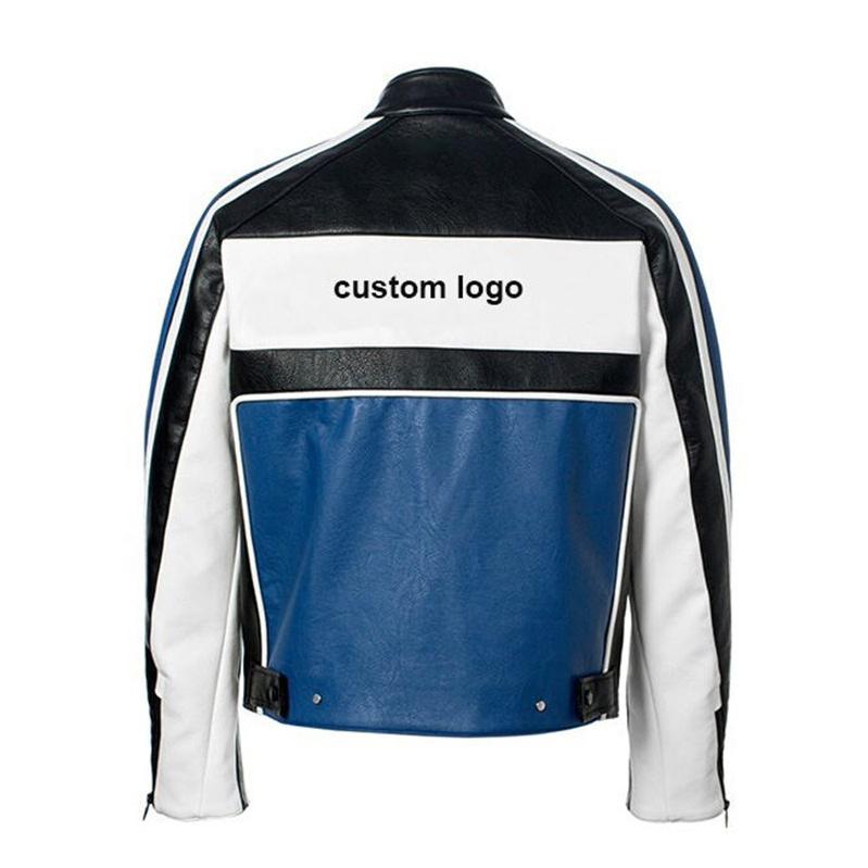 Custom label design blue color retro classic leather motorcycle jacket oem logo patch leather nascar racing jacket for men