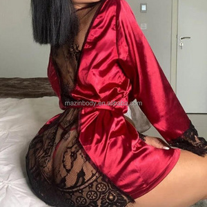 Custom Logo Oem Sexy Lingerie Satin Robes Lounge wear Women's Sleepwear Sheer Lace Back robe panties sexy nighty for honeymoon