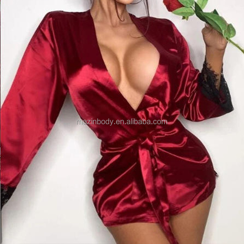 Custom Logo Oem Sexy Lingerie Satin Robes Lounge wear Women's Sleepwear Sheer Lace Back robe panties sexy nighty for honeymoon