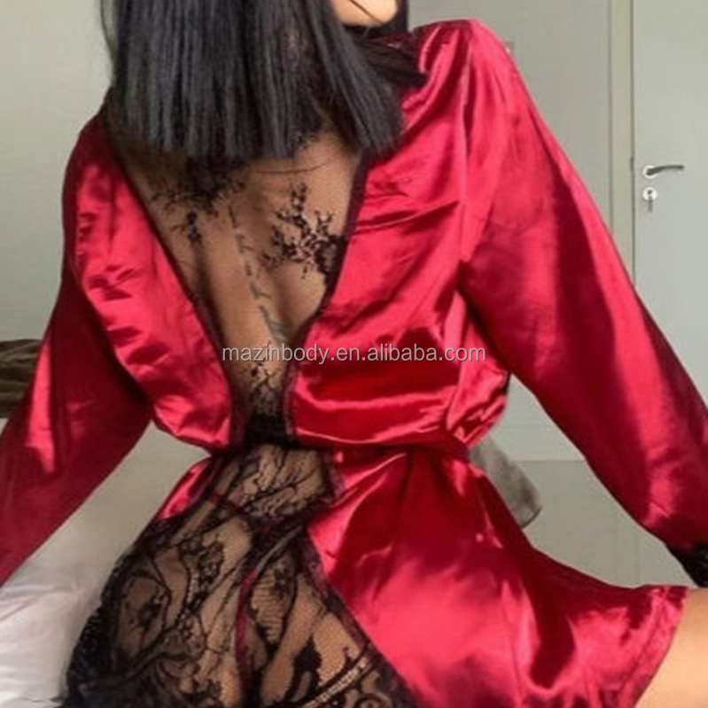 Custom Logo Oem Sexy Lingerie Satin Robes Lounge wear Women's Sleepwear Sheer Lace Back robe panties sexy nighty for honeymoon