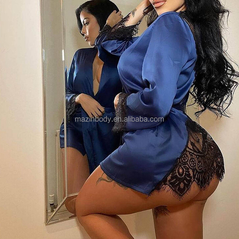 Custom Logo Oem Sexy Lingerie Satin Robes Lounge wear Women's Sleepwear Sheer Lace Back robe panties sexy nighty for honeymoon