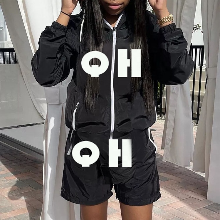 OEM custom reflective track suit two piece short sweatsuit nylon zipper windbreaker jacket short set tracksuit for men