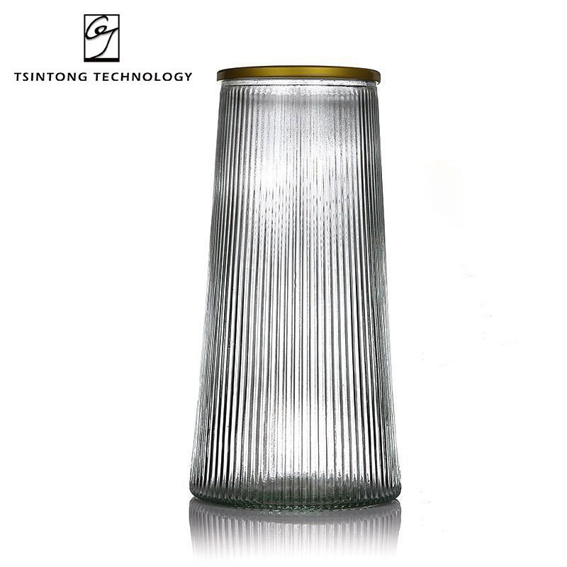 Factory Large Cylinder Ribbed Gray Glass Flower Vase With Golden Rim for Farmhouse Dining Table Centerpieces Decor Living Room