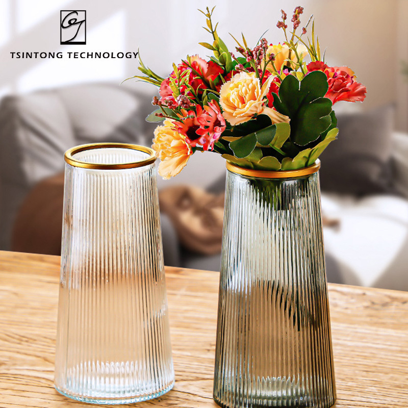 Factory Large Cylinder Ribbed Gray Glass Flower Vase With Golden Rim for Farmhouse Dining Table Centerpieces Decor Living Room