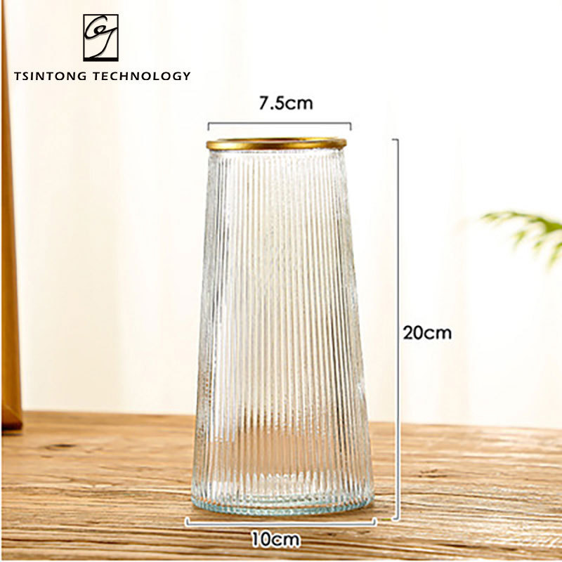 Factory Large Cylinder Ribbed Gray Glass Flower Vase With Golden Rim for Farmhouse Dining Table Centerpieces Decor Living Room