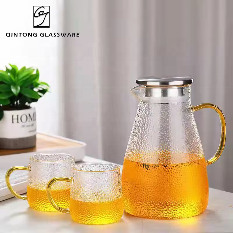 Factory 51oz 1500ml/10oz 300ml Jug Drinking Set Glass Hammer Pattern Clear High Borosilicate Glass Jug Set For Families