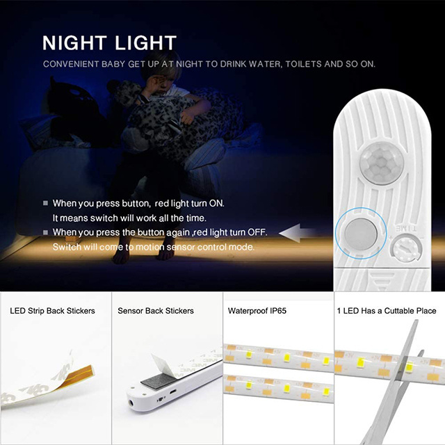 LED Under Cabinet Lighting Motion Sensor,  3.28Ft Four Modes Bed Stairs Wardrobe Lamp Tape, Waterproof 5V USB LED  Strip Light