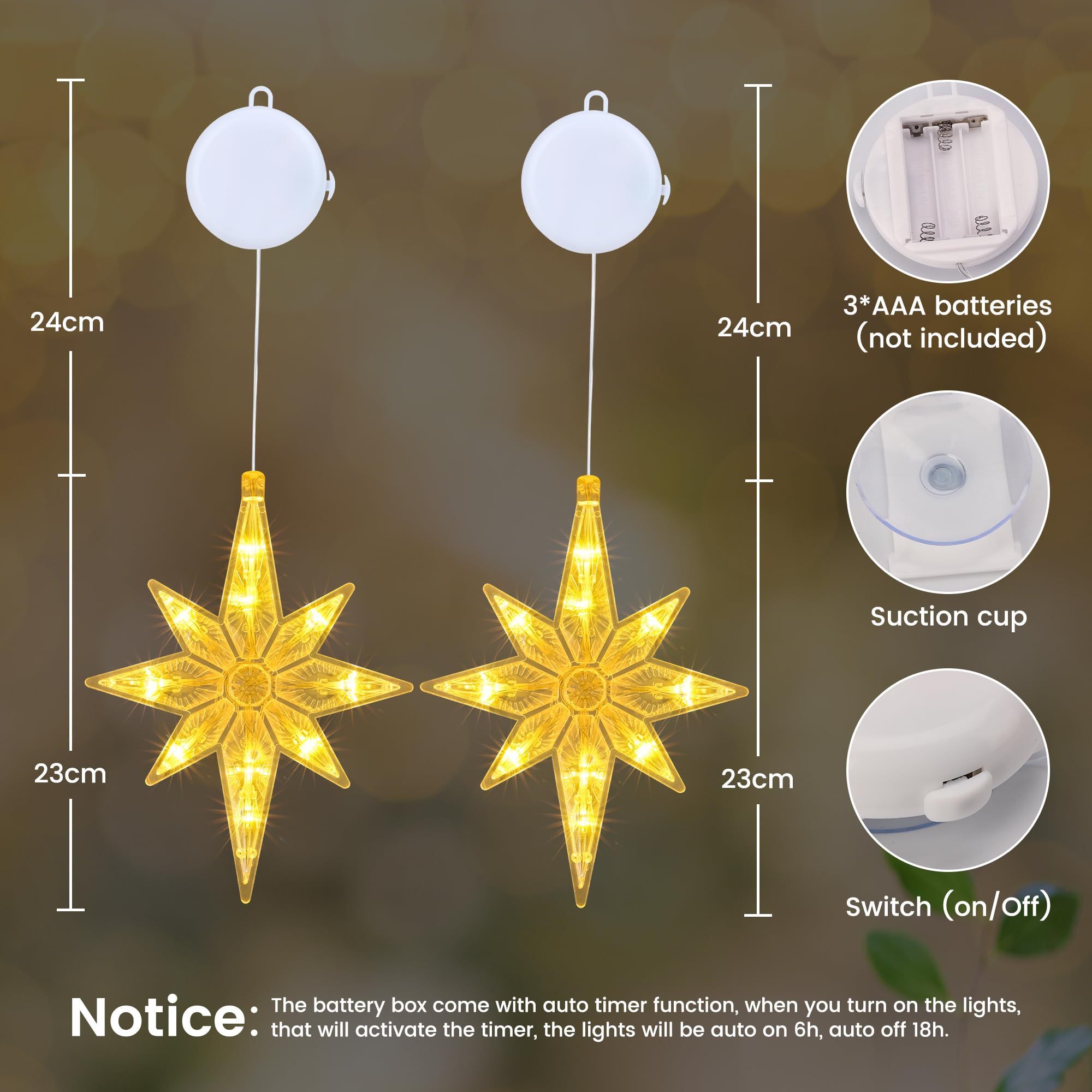 LED Window Fairy Lights Battery Operated with Suction Cups arm White Christmas Star Indoor for Christmas Decoration