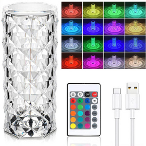 European bed side portable change color rose crystal led rechargeable night light cordless table lamp for restaurant