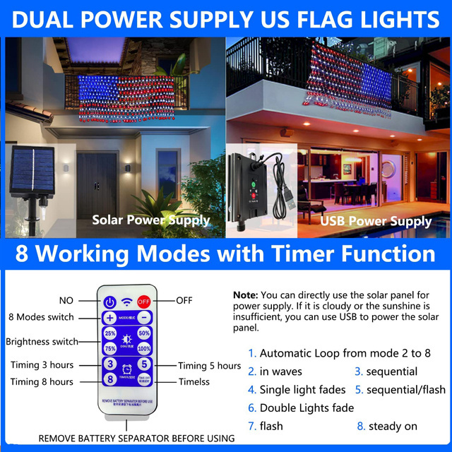 American Flag solar Lights with 390 LED Waterproof American Flag lights Waterproof usa Led Decorations outdoor led flag