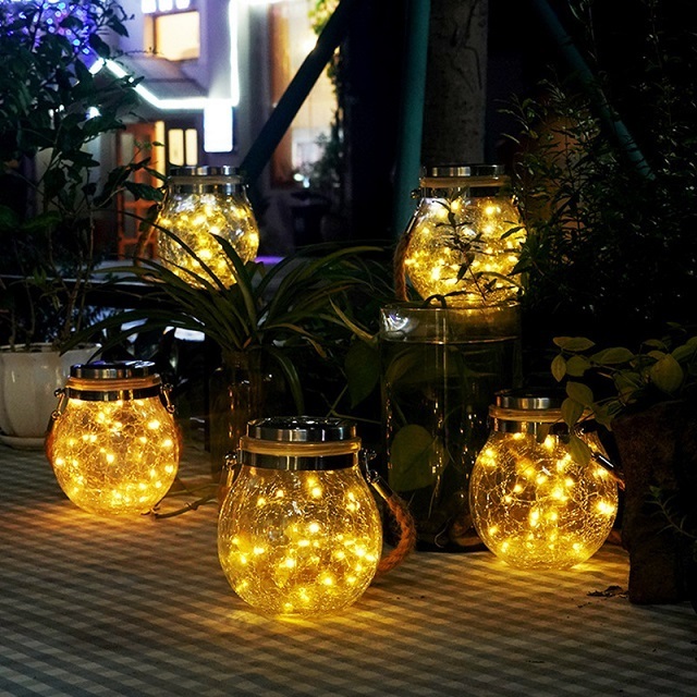 Jar Solar Led Solar Jar Led Outdoor Garden Hanging Hemp Rope Crackle Bottle Copper Wire Waterproof Patio Led Solar Light