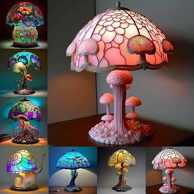 Tsinye Retro Painting Mushroom Lamp, Bohemian Resin Mushroom Decorative Bedside Lamp,Stained Glass Plant Series Night Light