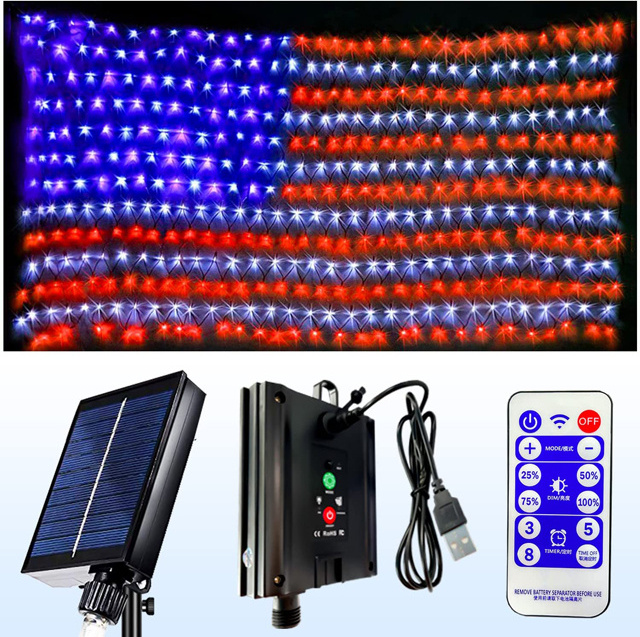 American Flag solar Lights with 390 LED Waterproof American Flag lights Waterproof usa Led Decorations outdoor led flag