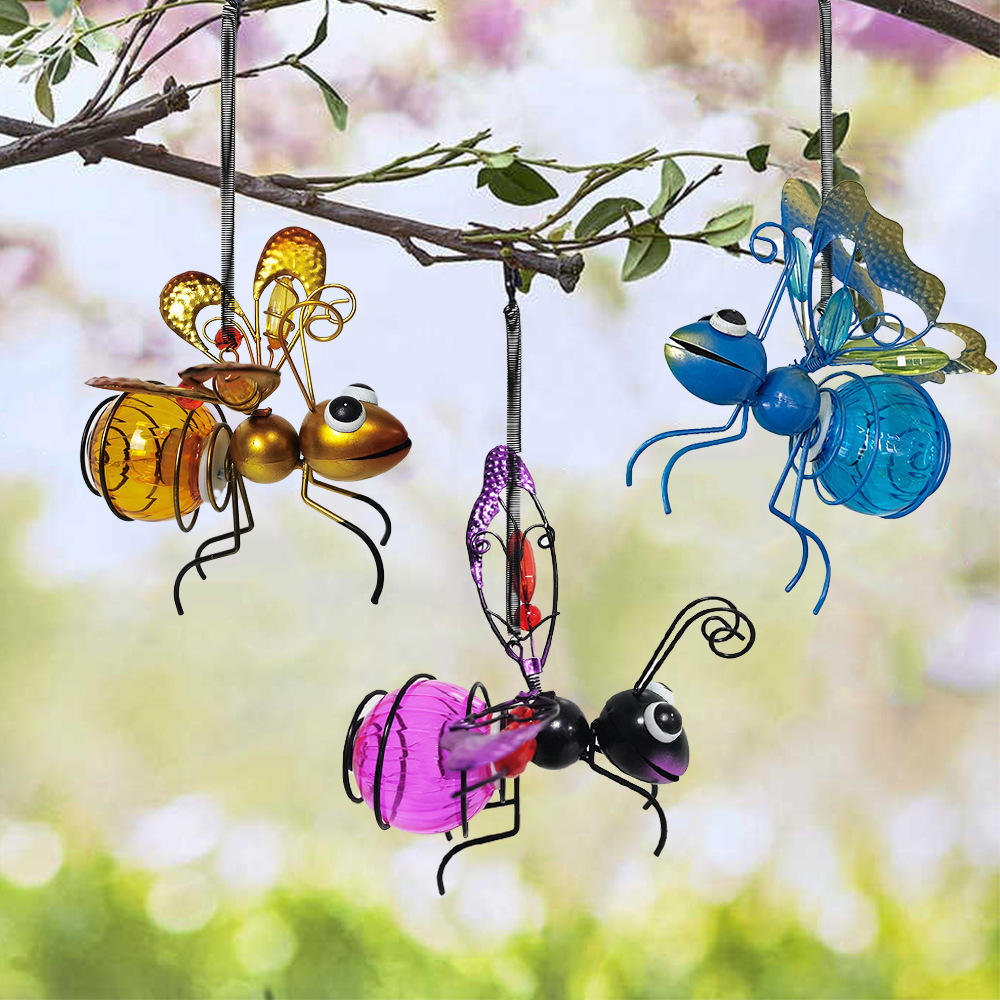 Tsinye Creative Solar-Powered Hanging Bee Light - Metal LED Outside Bugs with Bouncy Springs - Solar Fairy Lights