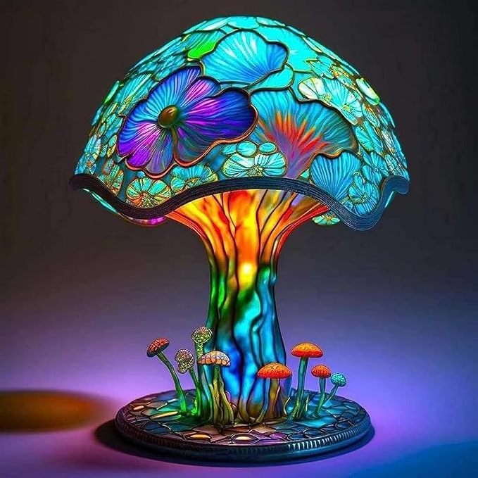 Tsinye Retro Painting Mushroom Lamp, Bohemian Resin Mushroom Decorative Bedside Lamp,Stained Glass Plant Series Night Light