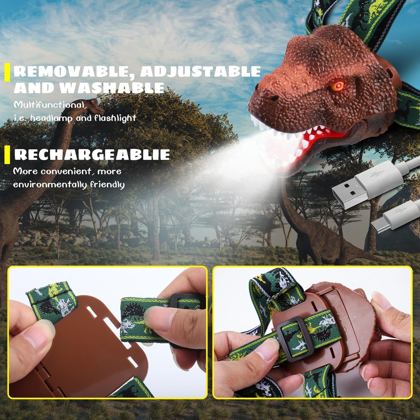 Dinosaur LED Headlamp for Kids Outdoor Toy Head Lamp Flashlight for Boys Christmas Light Christmas Gift Battery Included