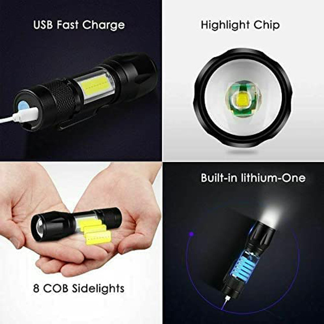 USB Rechargeable T6 +COB LED handle led flashlight High power led tactical torch light aluminum usb mini flashlight