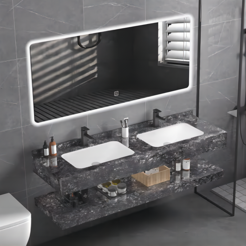 Wholesale retail Modern wall Mounted rectangular slate countertop double basin bathroom vanity