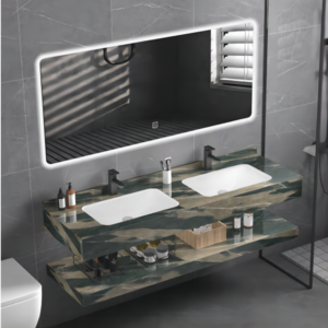 Wholesale retail Modern wall Mounted rectangular slate countertop double basin bathroom vanity