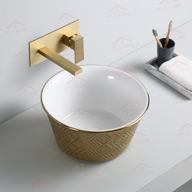 Factory sales Luxury Golden Ceramic Circular Electroplated Bathroom Washbasin Art Sink Basin