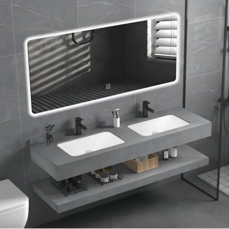 Wholesale retail Modern wall Mounted rectangular slate countertop double basin bathroom vanity