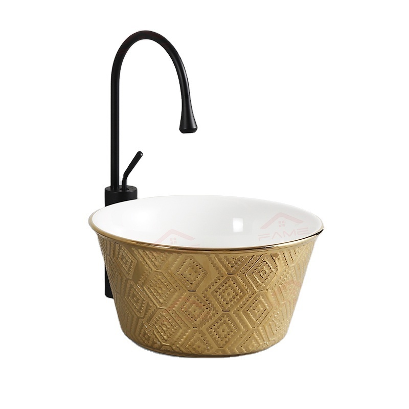 Factory sales Luxury Golden Ceramic Circular Electroplated Bathroom Washbasin Art Sink Basin