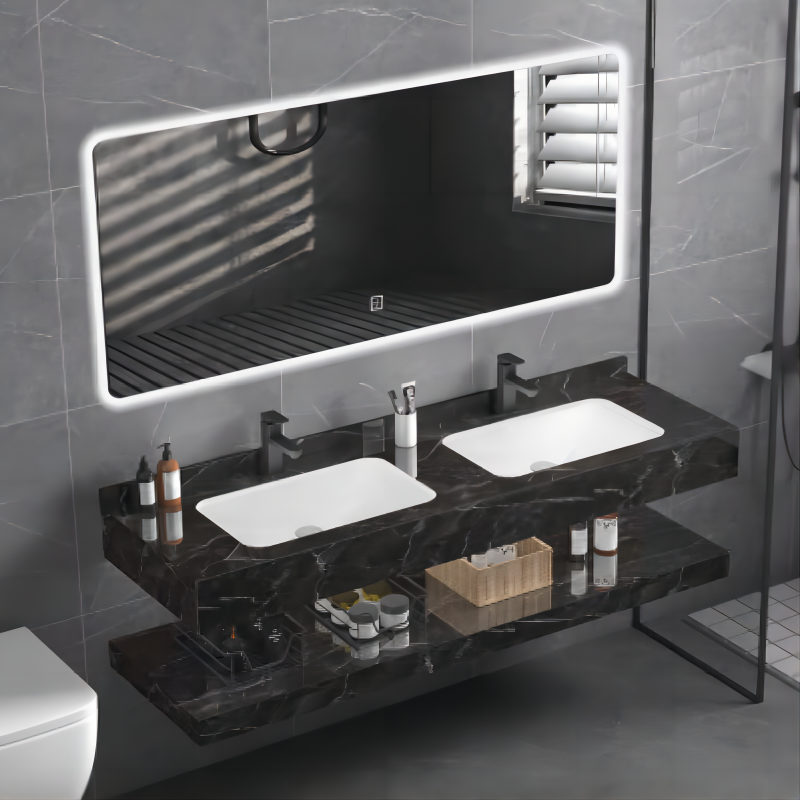 Wholesale retail Modern wall Mounted rectangular slate countertop double basin bathroom vanity