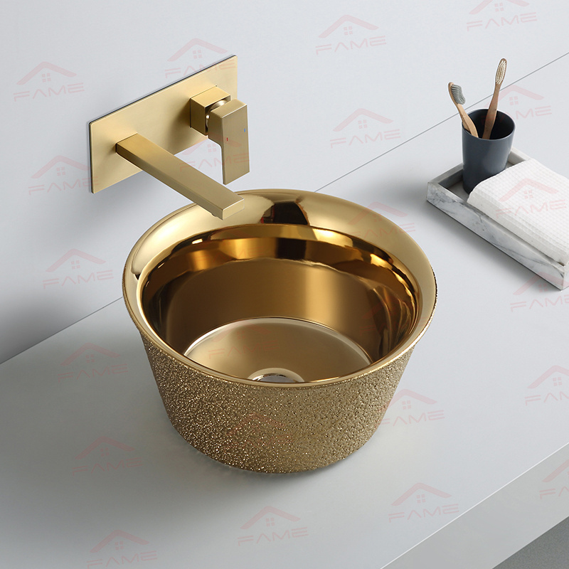 Factory sales Luxury Golden Ceramic Circular Electroplated Bathroom Washbasin Art Sink Basin