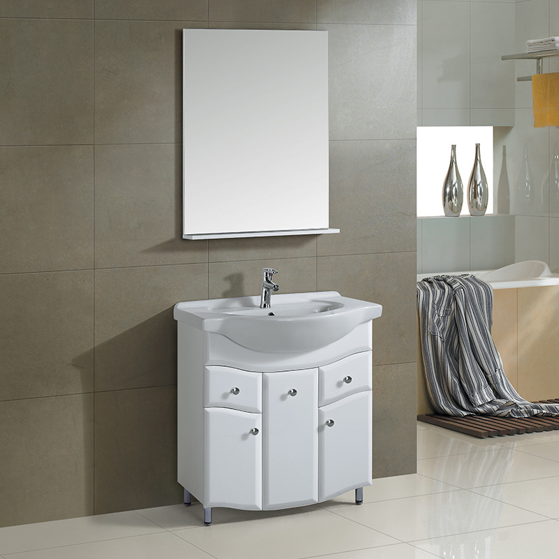 Luxury European Style 80cm White Free Standing Bathroom Furniture Cabinet Vanity Set with Mirror and Basin for Sale