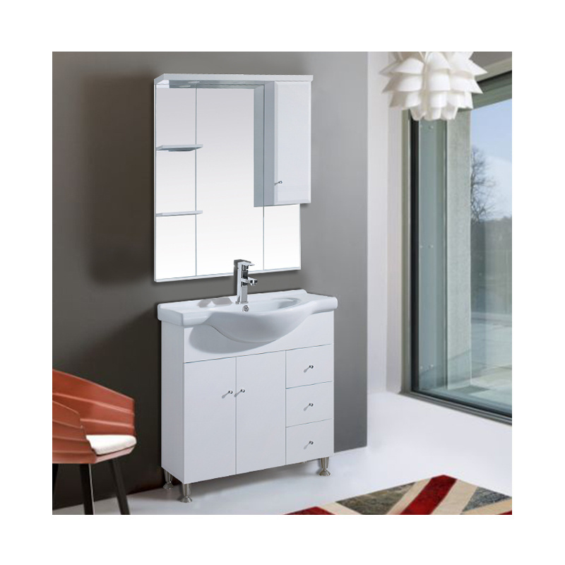 Luxury European Style 80cm White Free Standing Bathroom Furniture Cabinet Vanity Set with Mirror and Basin for Sale