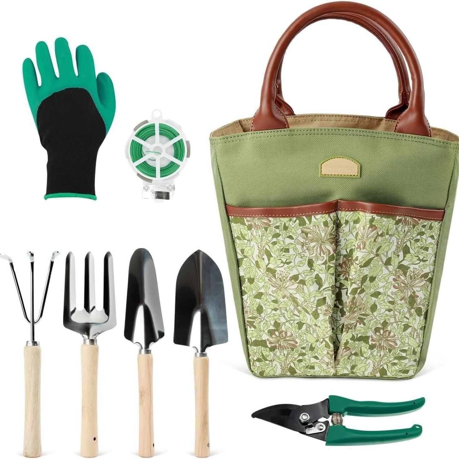 9 Piece Garden Tools Set Storage Tote Gloves scissors coils