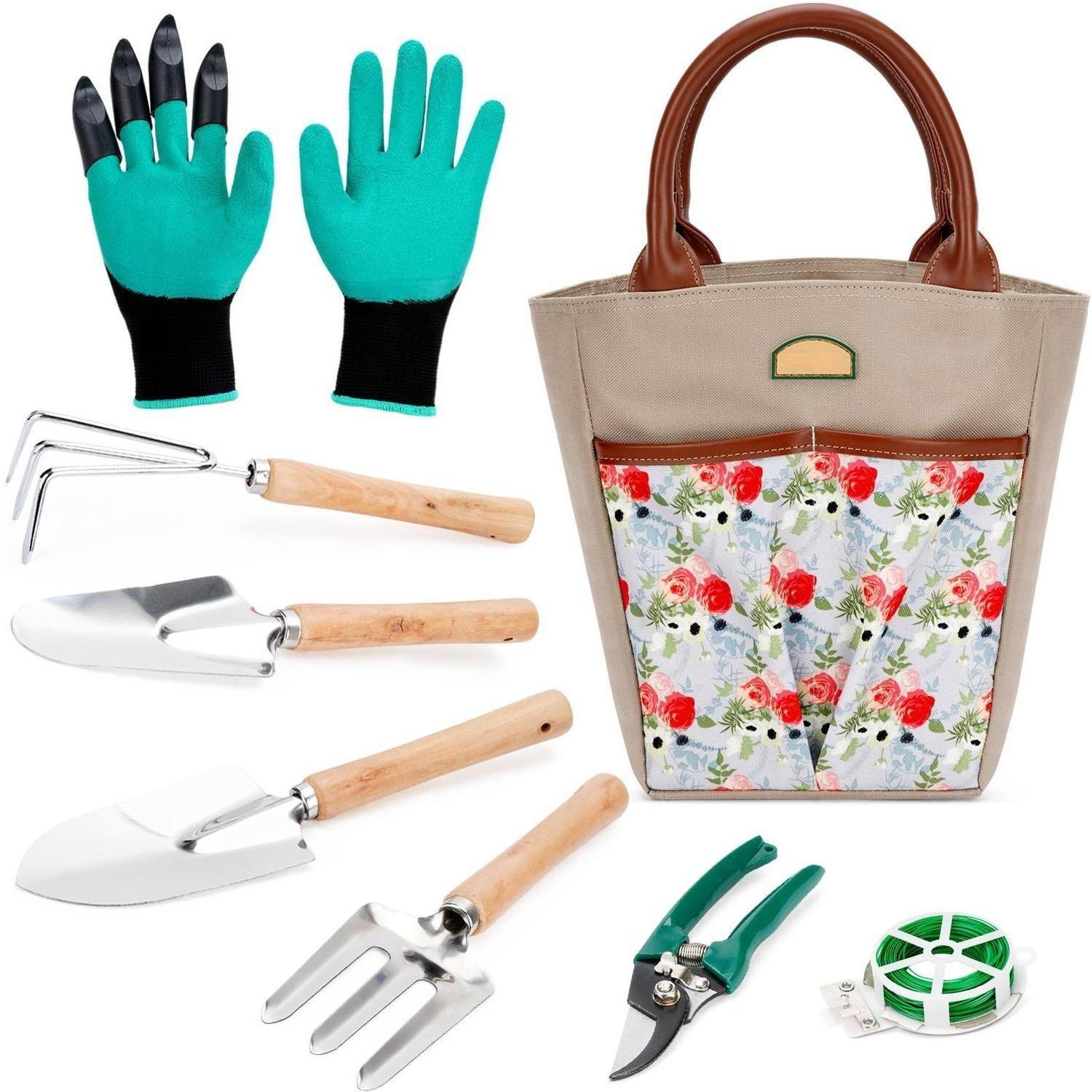 9 Piece Garden Tools Set Storage Tote Gloves scissors coils